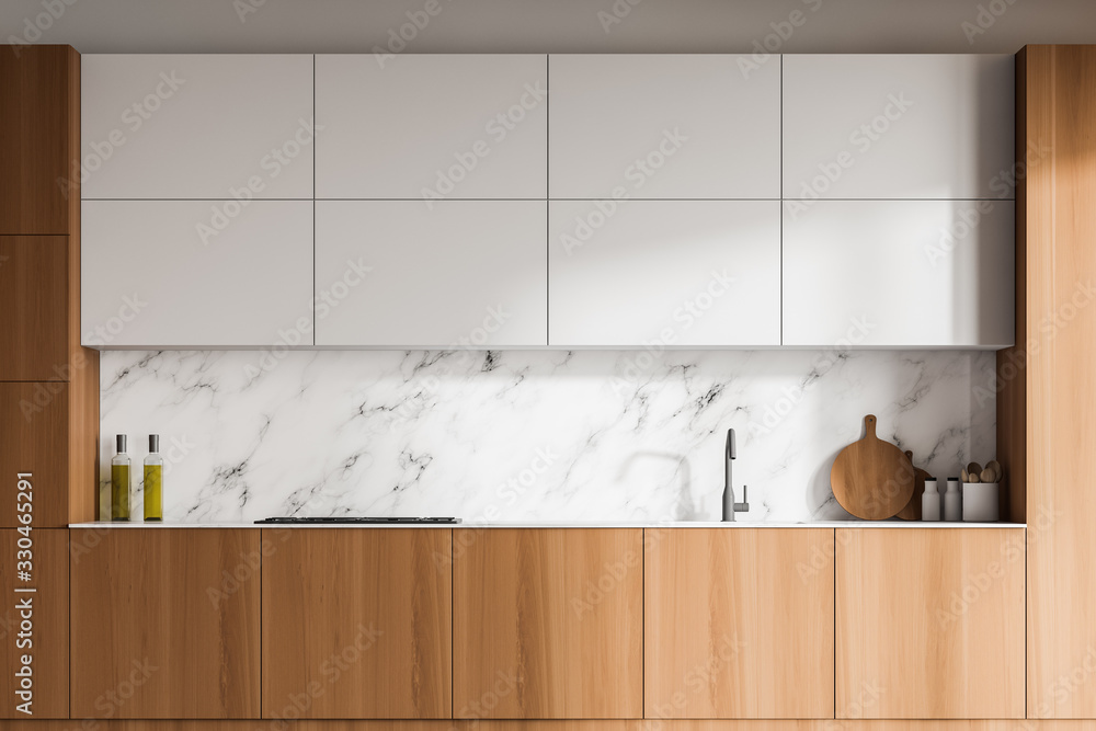 White marble kitchen with wooden countertops - obrazy, fototapety, plakaty 
