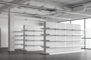 Wall Mural - Empty shelves in white supermarket corner