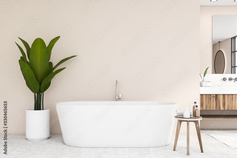 Bathtub and sink in beige bathroom - obrazy, fototapety, plakaty 