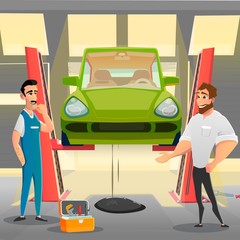 Wall Mural - Auto Service Client Complain to Repairman on Oil Leakage in Car. Automobile Lifted in Workshop. Thoughtful Serviceman in Uniform Standing near Open Tools Box. Vector Cartoon Illustration