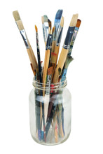 Various Professional Paint Brushes In The Transparent Jar