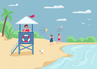 Wall Mural - beach safety and active leisure flat color vector illustration. lifeguard in tower watching in binoc