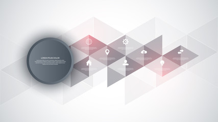 Wall Mural - Information technology with infographic elements and flat icons. Abstract background with connecting dots and lines. Global network connection, digital technology and communication concept.