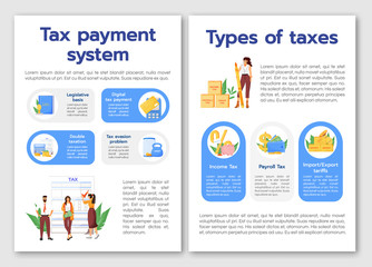 Wall Mural - Tax payment system flat vector brochure template. Taxes types flyer, booklet, printable leaflet design. Financial literacy magazine page, cartoon annual reports, infographic posters with text space