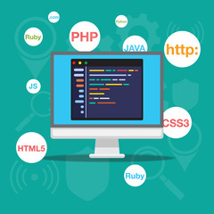 Web development and coding. programming concept. Computer and icons company network Vector.