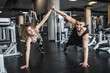 © Тарас Нагирняк - Motivated young blond woman and man trainer in middle of workout, standing in plank with give five hands