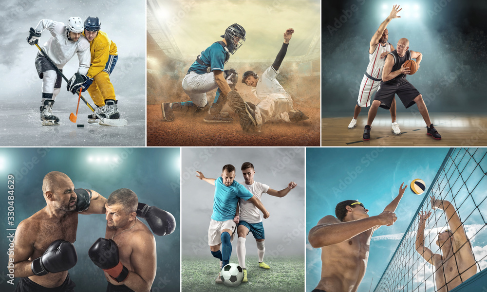 Collage of sports shots of soccer, football, beach volleyball, baseball and athletic jumper. All athletes in dynamic actions. - obrazy, fototapety, plakaty 