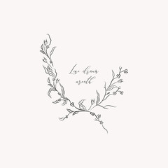 Wall Mural - line drawing vector floral wreath, frame with hand drawn flowers, branches, leaves, plants, herbs, laurels. Botanical illustration. Leaf logo. Wedding invitation, monogram