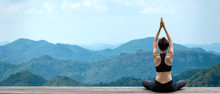 Lifestyle Woman Yoga Exercise And Pose For Healthy Life. Young Girl Or People Pose Balance Body Vital Zen And Meditation For Workout Nature Mountain Background In Morning Day. Copy Space For Banner. 