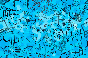 Wall Mural - physics or chemistry abstract illustration with decorative lab beakers, flasks and diagrams. hand dr