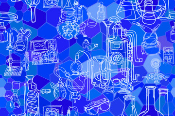 Wall Mural - physics or chemistry abstract illustration with decorative lab beakers, flasks, diagrams and oscillo