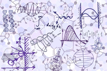 Wall Mural - physics or chemistry abstract illustration with parts of decorative lab tools and diagrams. hand dra