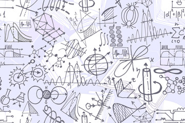 Wall Mural - physics or chemistry abstract illustration with parts of decorative tools and diagrams on white boar