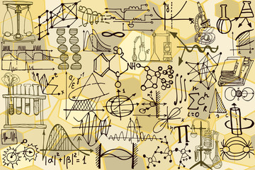 Wall Mural - physics or chemistry abstract illustration with decorative tools and diagrams on light yellow backgr