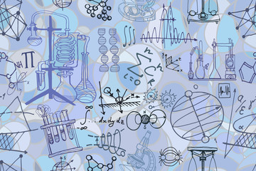 Wall Mural - physics or chemistry abstract illustration with parts of decorative tools and diagrams on light blue