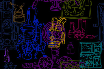 Wall Mural - physics or chemistry black abstract illustration with decorative lab tools illustrating experiments.