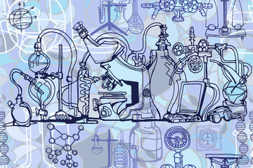 Wall Mural - physics or chemistry abstract illustration with parts of decorative lab tools and equipment against 