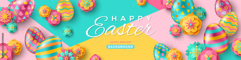 Easter horizontal banner with ornate eggs and paper cut flowers on geometric background. Vector illustration. Place for your text. Greeting card trendy design or invitation template - obrazy, fototapety, plakaty 