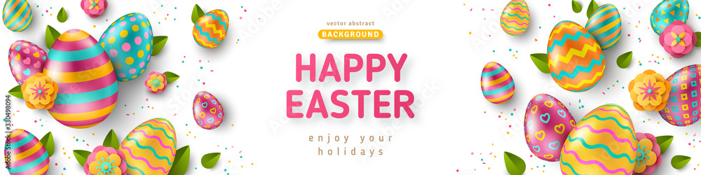 Easter horizontal banner with ornate eggs and green spring leaves on white background. Vector illustration. Place for your text. Greeting card trendy design or invitation template - obrazy, fototapety, plakaty 