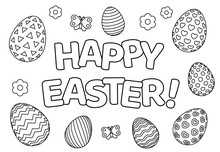 Happy Easter Background With Patterned Eggs, Flowers And Butterfly For Coloring Book Page. Vector Illustration.