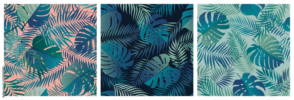 Set of seamless patterns with exotic green monstera leaves and palm branches, summer tropical backgrounds - obrazy, fototapety, plakaty 