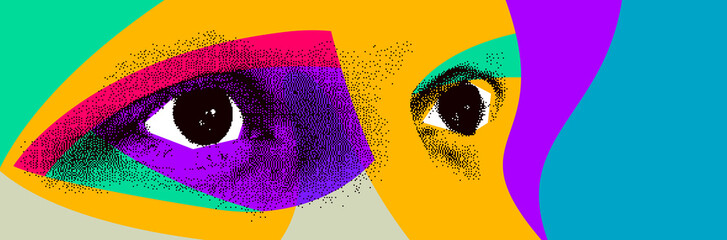 Looking eyes 8 bit dotted design style vector abstraction, human face stylized design element, with colorful splats.