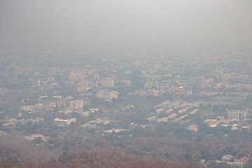 High angle view of the northern city of Thailand, The problem of dust in the air (PM 2.5) in Chiang Mai. Smog city from PM 2.5 dust.