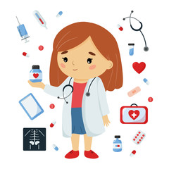 Wall Mural - Girl doctor with medicine objects. Cute kawaii character. Healthcare illustration for children.