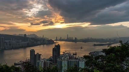 Wall Mural - Aerial view sunset at Victoria Harbor of Hong Kong from Devil's peak