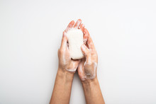 Health Care Hygiene Protection Against Virus, Bacteria, Flu And Coronavirus By Washing Hands With Soap. White Background	