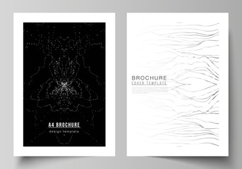 The vector layout of A4 format modern cover mockups design templates for brochure, magazine, flyer, booklet. Trendy modern science or technology background with dynamic particles. Cyberspace grid.
