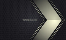 Golden Metallic Arrow On A Dark Hexagon Grid Abstract Background. Luxury Overlap Direction Design. Futuristic Modern Dark Gray Backdrop. Vector Illustration EPS10.