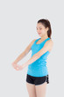© NT_studio - Beautiful young asian woman in sport standing stretch muscle arm workout with healthy isolated on white background, girl wear shape fit warm up and exercise and yoga for health, wellness concept.