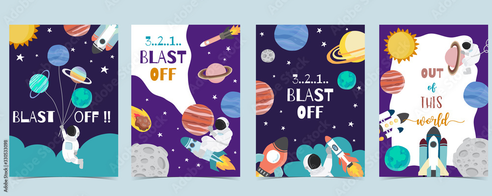 Collection of space background set with astronaut, planet, moon, star,rocket.Editable vector illustration for website, invitation,postcard and sticker - obrazy, fototapety, plakaty 