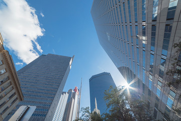 Wall Mural - Upward view of tall skyscrapers with American flags against blue sky in the business district area of downtown Dallas, Texas, USA.