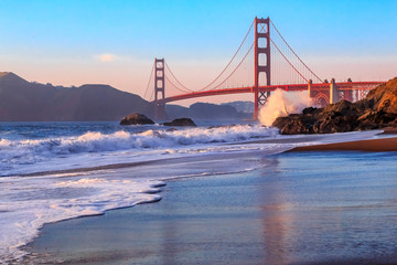 Wall Mural - Golden Gate Bridge in San Francisco from Baker Beach at sunset