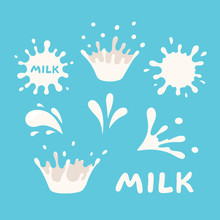 White Milk Splash Set. Bolt On Blue Background
