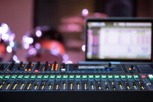 Digital Mixer In A Recording Studio , With A Computer For Recording Music. The Concept Of Creativity And Show Business.