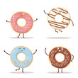 Set of cute happy donuts in trendy Kawaii style. Sweet pastry colourful glaze. Collection of cartoon baked foods in asian style. Banner, card, poster design for bakery and cafe.