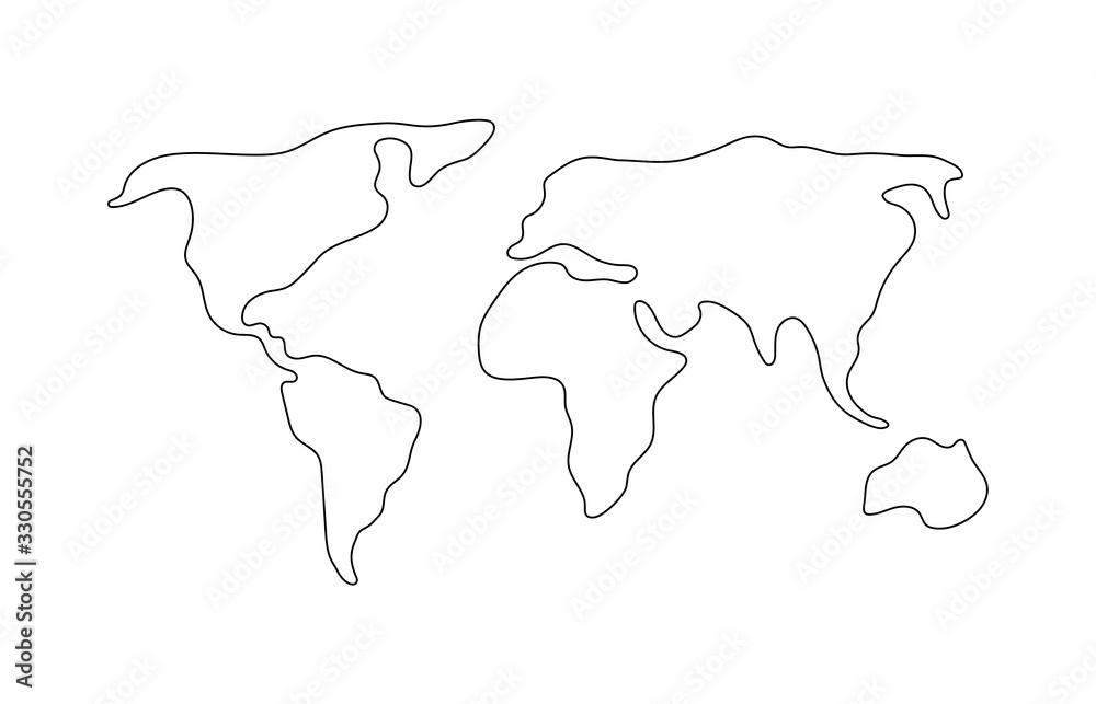 World Map Hand Drawn Simple Stylized Continents Silhouette In Minimal Line Outline Thin Shape Wall Mural Prostoira777