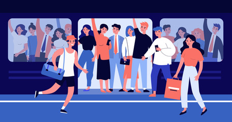 Wall Mural - People hurrying into overcrowded train flat vector illustration. Cartoon characters squeezing in metro. Public transport, overpopulation and travelling concept.