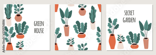 Cute set of home gardening backgrounds, trendy hand drawn plants in pots in simp Poster Mural XXL