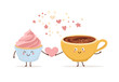 Cute vector illustration of coffee and a cupcake with strawberry cream. Kawaii food characters. Couple of smiling hot beverage and a dessert. Cute card and poster design for a cafe or a bakery.