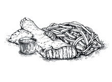 Illustration  Fish And Chips Sketch On Vintage Background. British Cuisine. Street Food Series. Great For Market, Restaurant, Cafe, Food Label Design.Sketch.