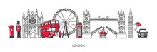Trendy Vector Illustration London, The United Kingdom. Famous British Attractions And Places Of Interest In Minimalist Line Style. Horizontal Skyline Banner For Souvenir Print Design Or City Promotion