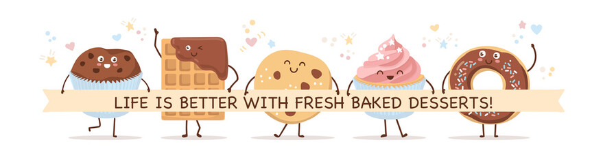 Set of smiling pastry characters in Kawaii style. Choco waffle, cookie, donut, muffin, and cupcake. Lovely baked foods with a ribbon and place for your text. Banner, card design for bakery or cafe.