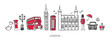 Vector modern illustration symbols of London, the UK. Famous British attractions in simple minimalistic style with black outline and red elements. Horizontal skyline banner or souvenir print design. 