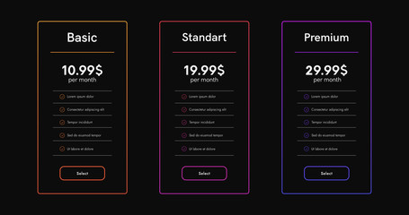 Hosting plans colums. Price list web boxes. 3 tarrifs ui tables for website.