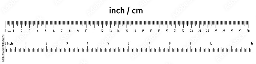 Marking rulers 30 cm, 12 inch.Ruler scale measure.Length measurement scale chart. Ruler 30 centimeter and 12 inch. Black on a white background - stock vector. - obrazy, fototapety, plakaty 