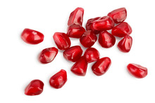 Heap Of Fresh Pomegranate Seeds Isolated On White Background With Clipping Path And Full Depth Of Field. Top View. Flat Lay.